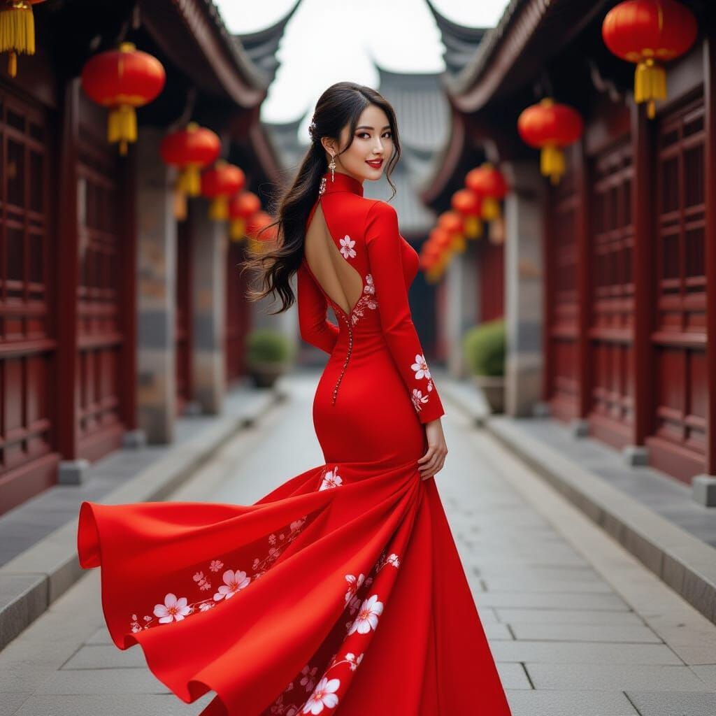 Elegant East Asian Woman in Scarlet Qipao, Chinese Alley