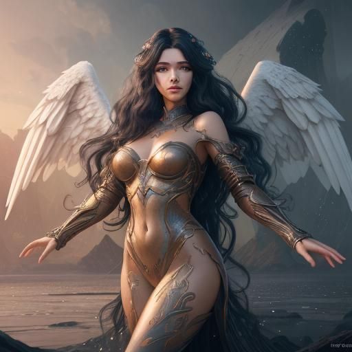 Heavenly Angel with Long Black Hair: Detailed Digital Painti...