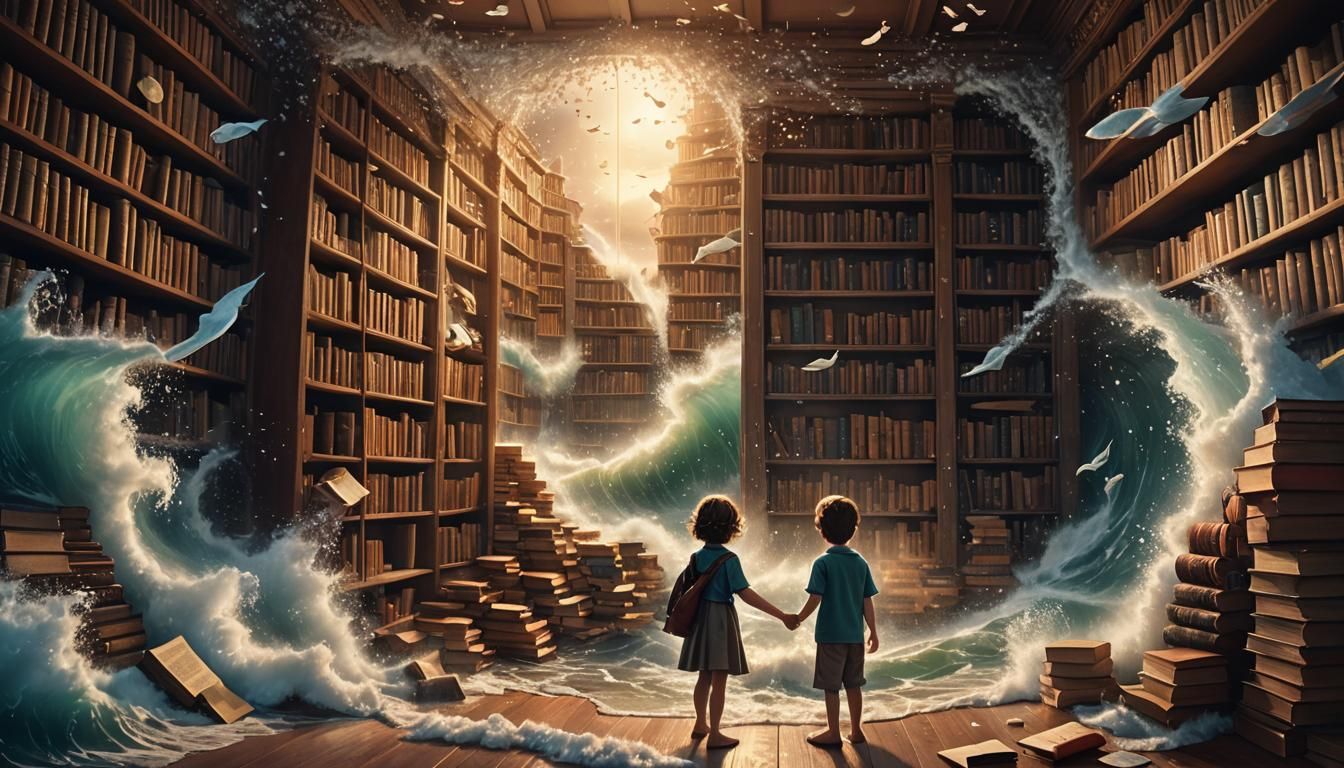 Ocean Waves Crash Through Library in Matte Painting