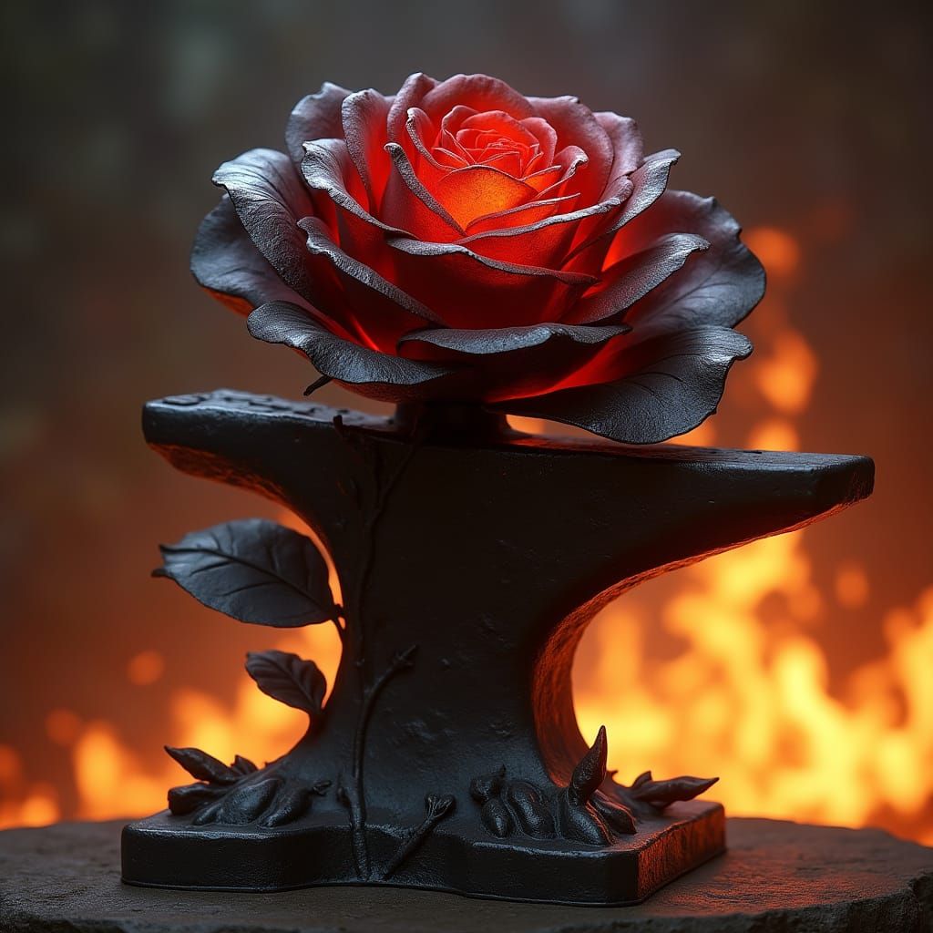 Dark Fantasy Iron Rose Sculpture on Anvil in Fiery Backdrop