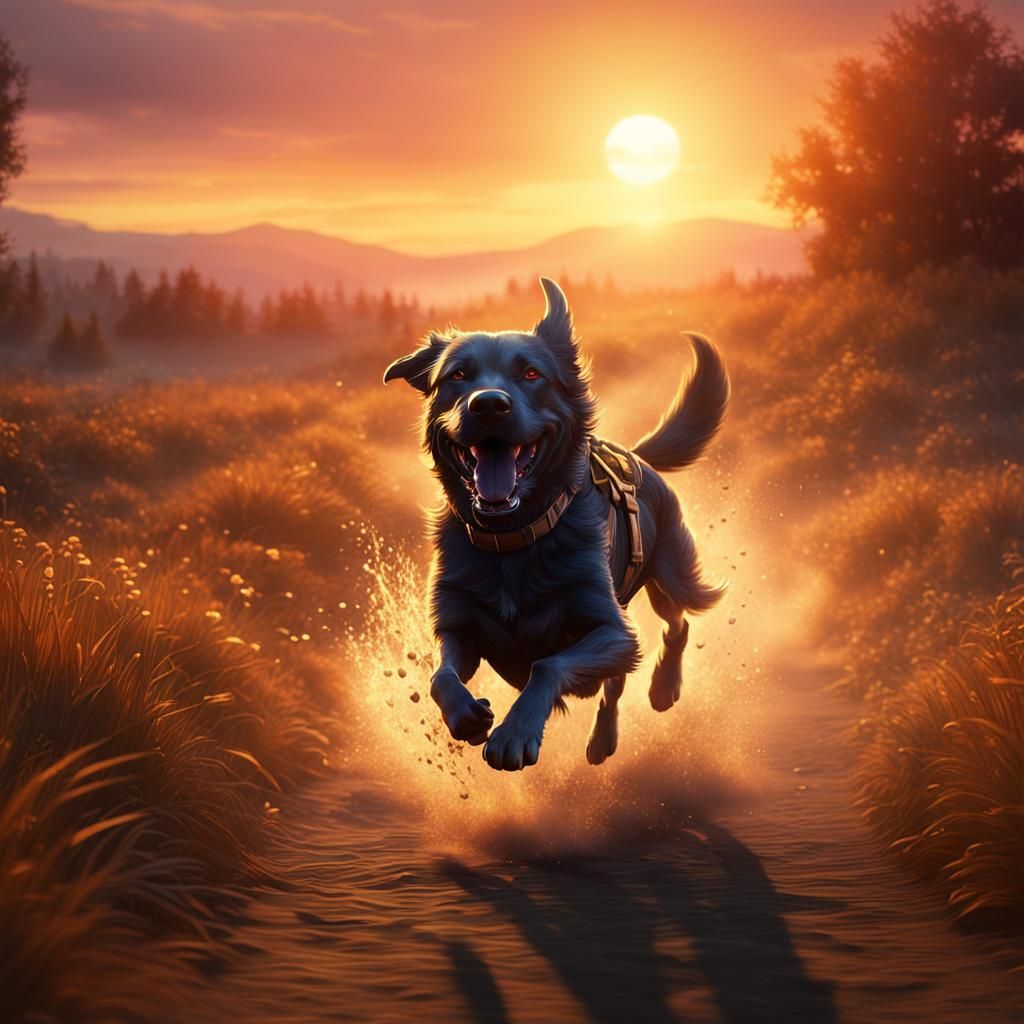 Dog Running in Sunset: Detailed Matte Painting