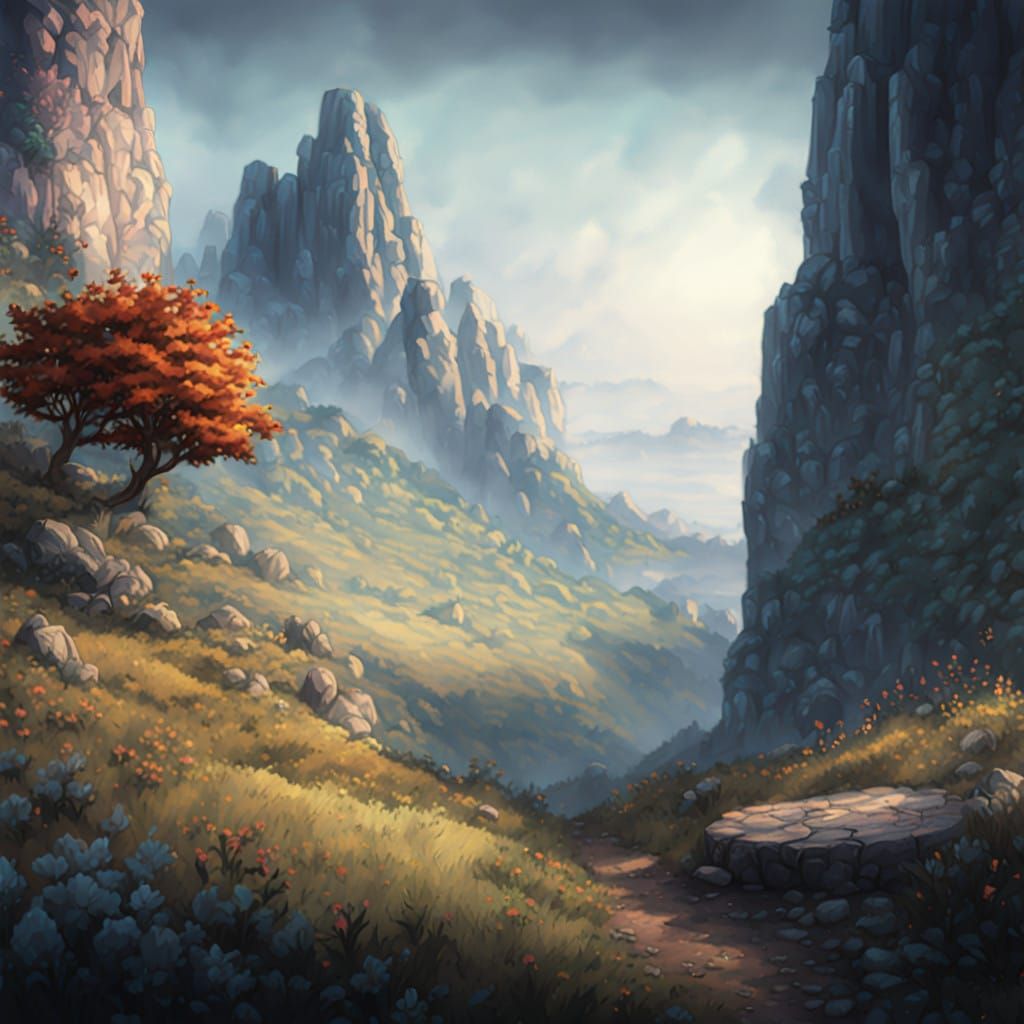 Dreamy Cliffside Meadow in Whimsical Watercolor Style