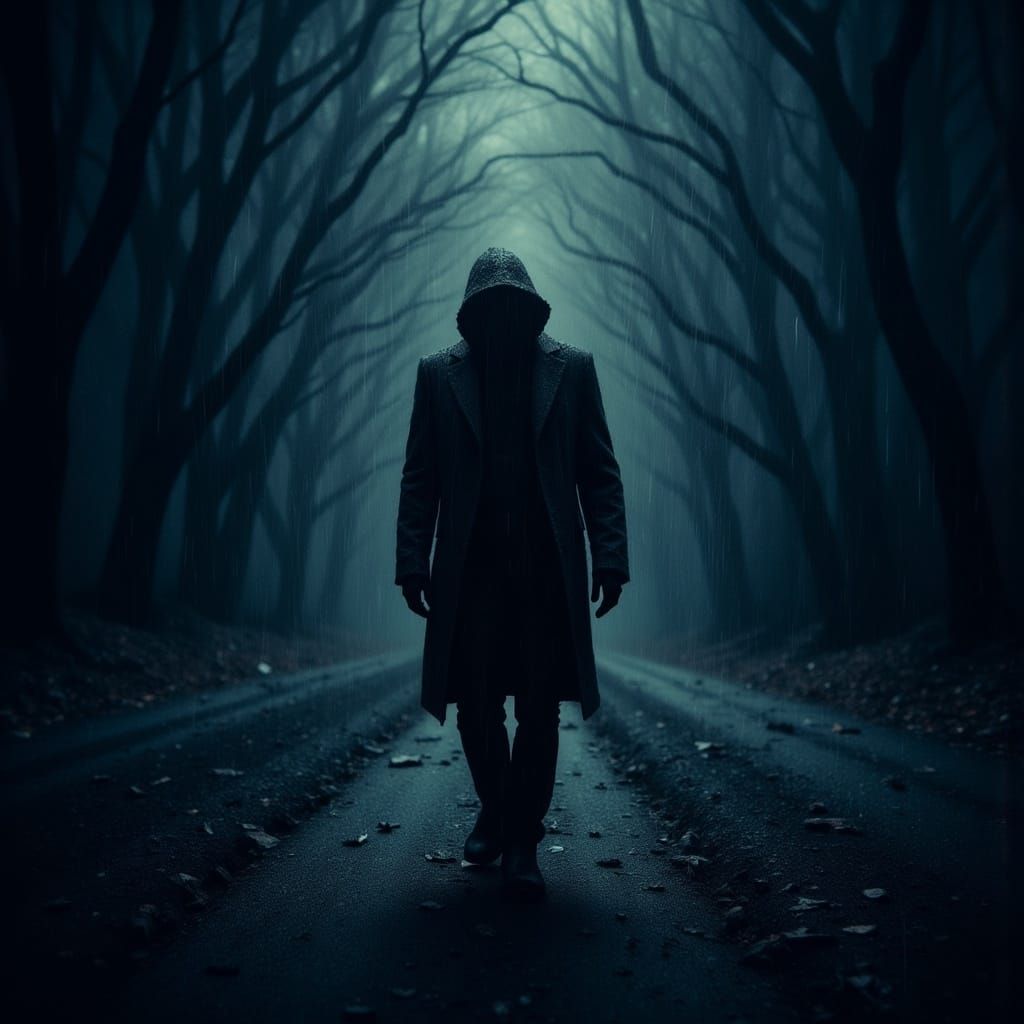 Macabre Figure on a Dark Rainy Road
