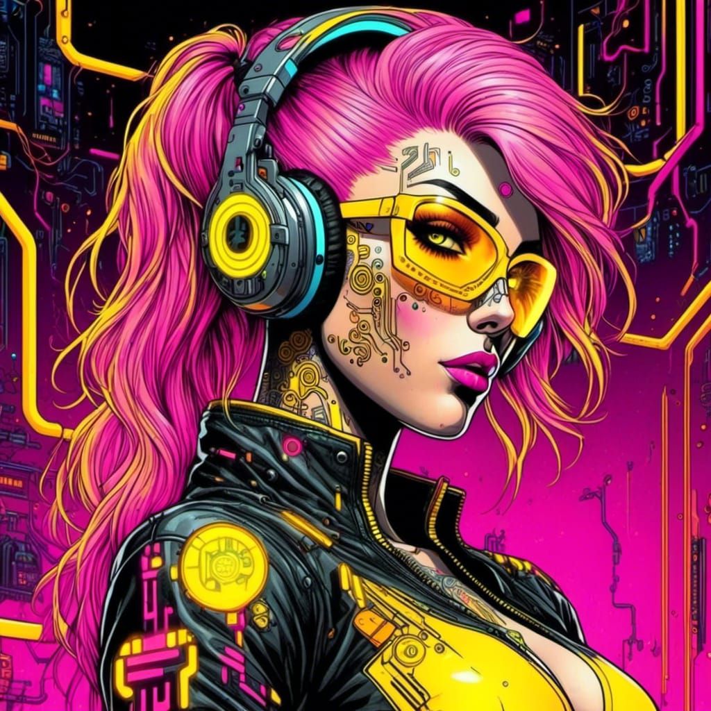 Cyberpunk Woman Comic Art in Cyber Neon Style