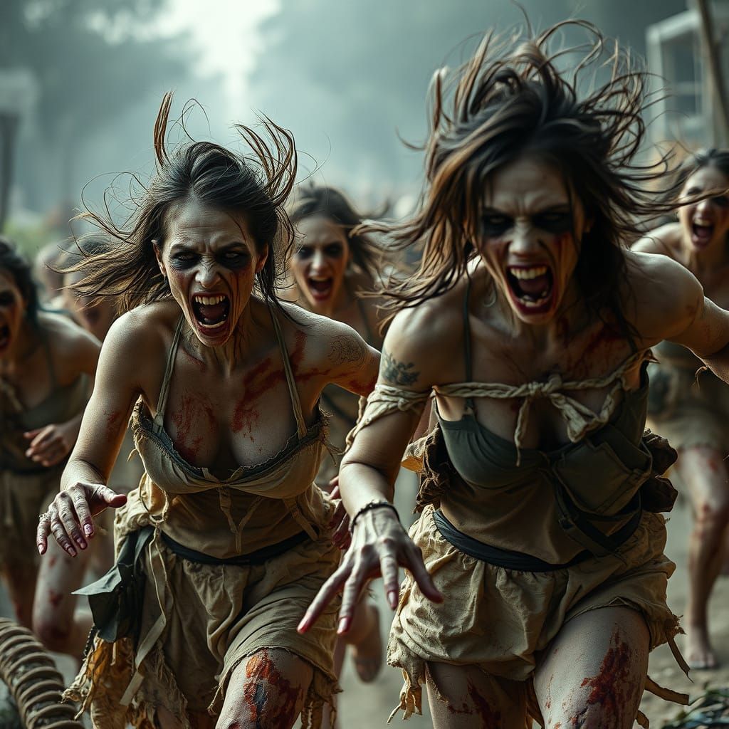 Zombie Women Sprinting in a Photorealistic Scene