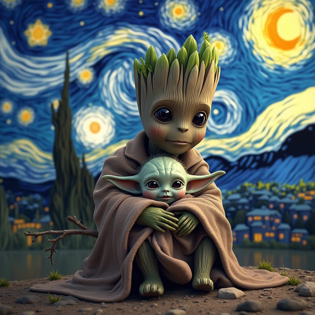 Baby Groot and Baby Yoda in Starry Night Dreamscape