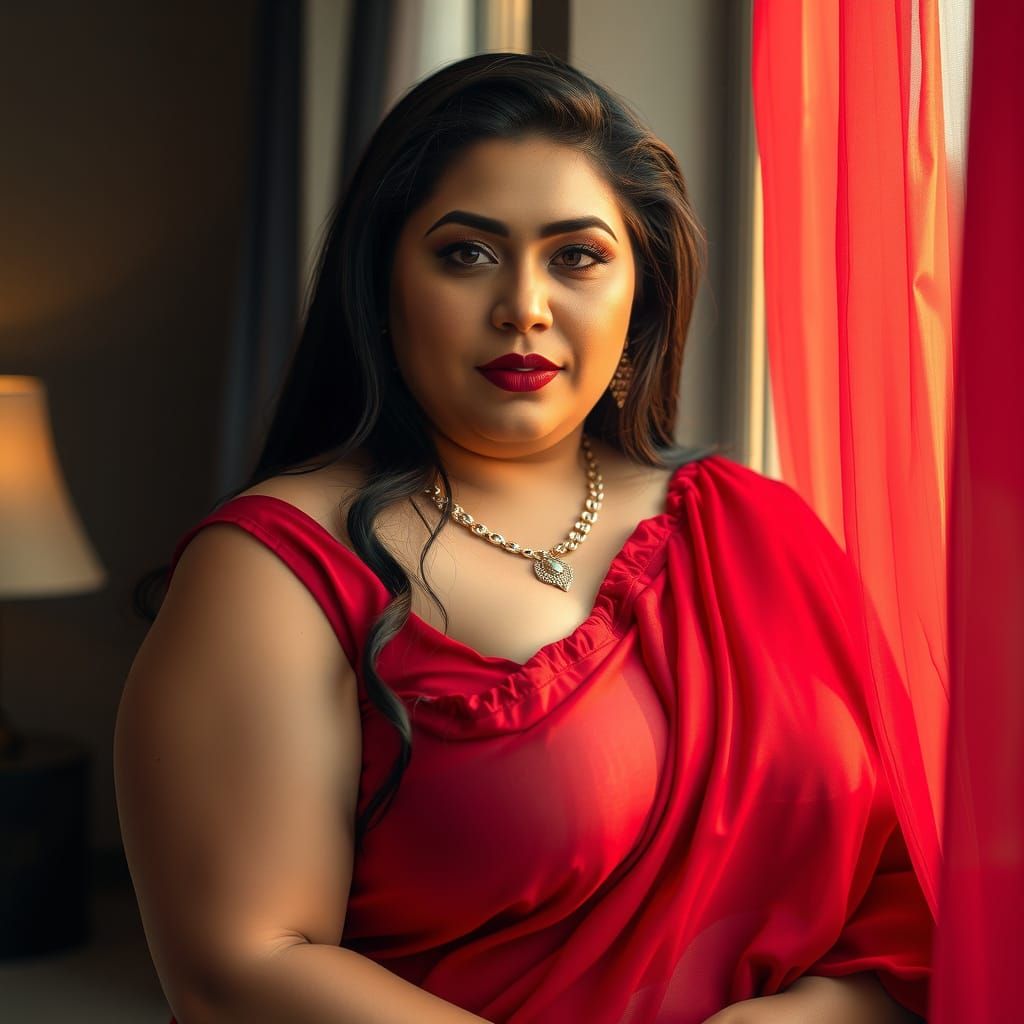 Voluptuous Persian Woman in Red Saree, Golden Hour Portrait