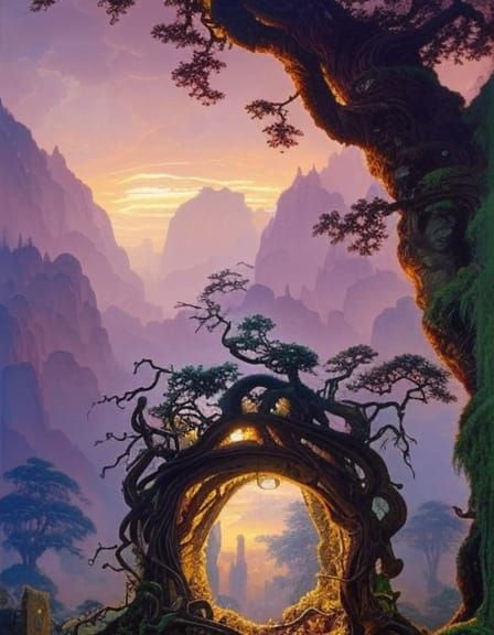 Mystical Stone Portal in Swirling Roots, Dramatic Lighting