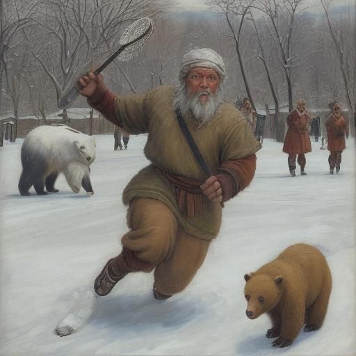 Peasants Play Basketball with Bears: Expressionist Painting