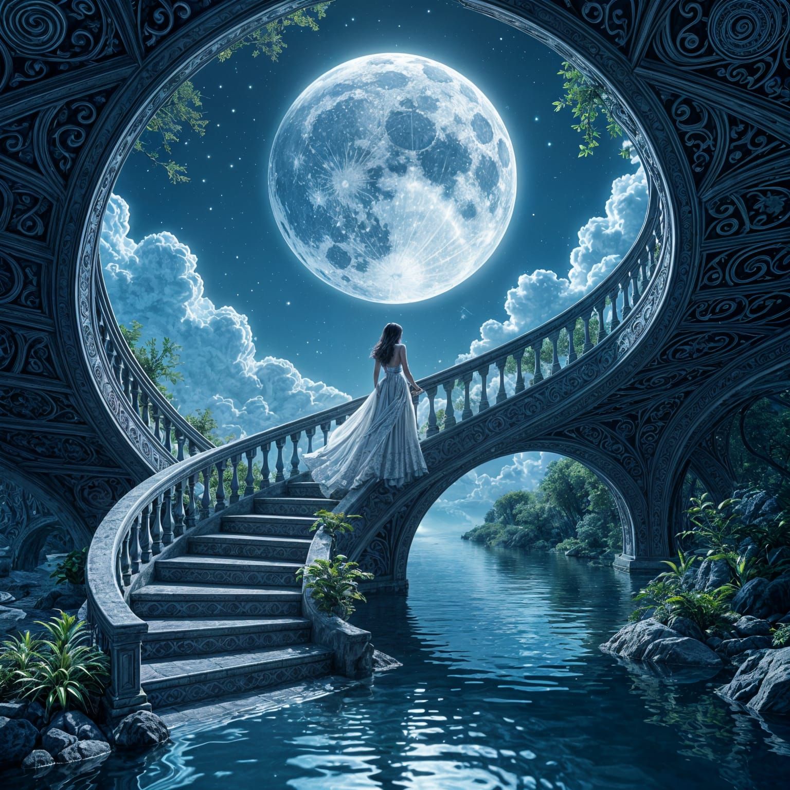 Impossible Staircase to the Moon in Anime Style