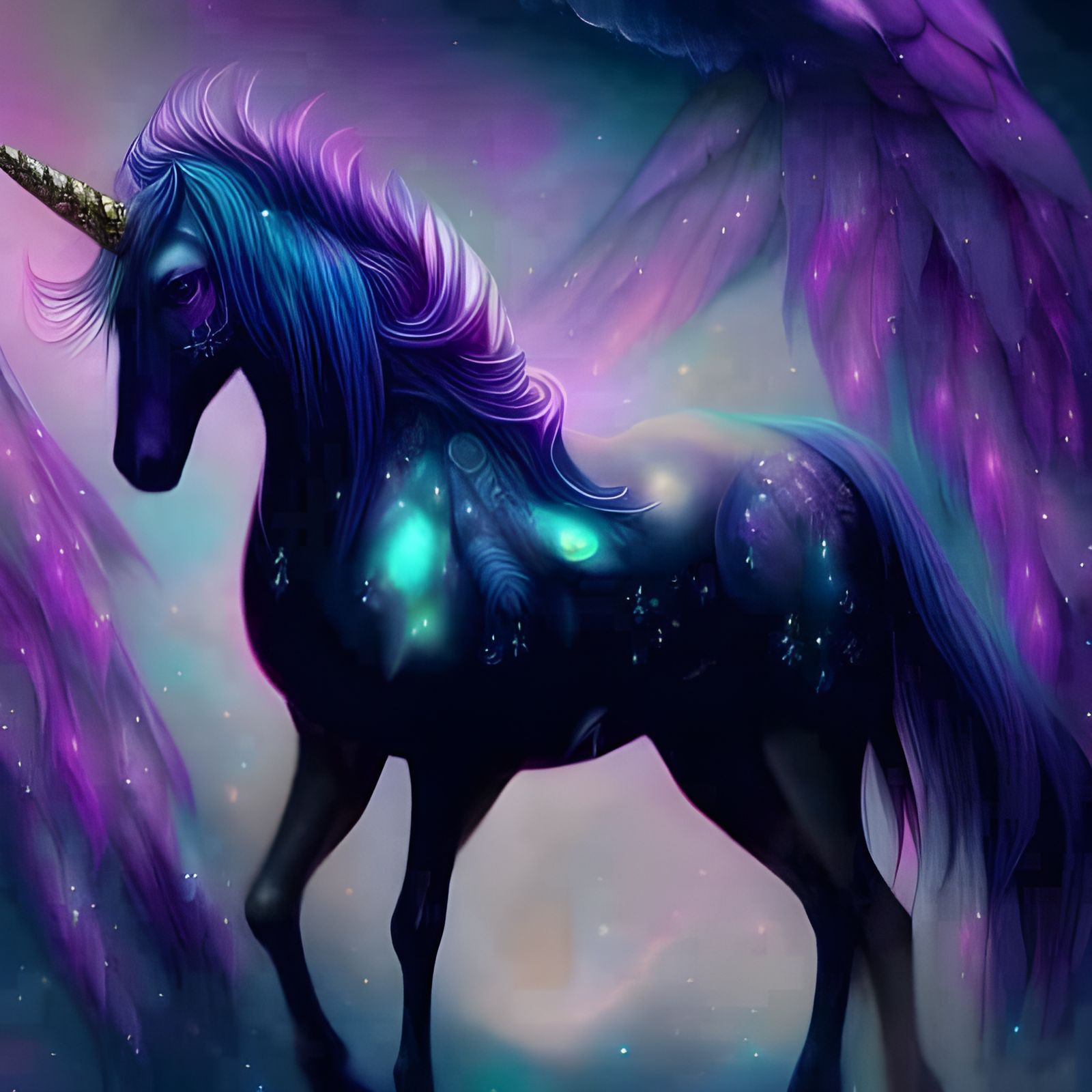 Iridescent Unicorn with Neon Eyes and Cosmic Details