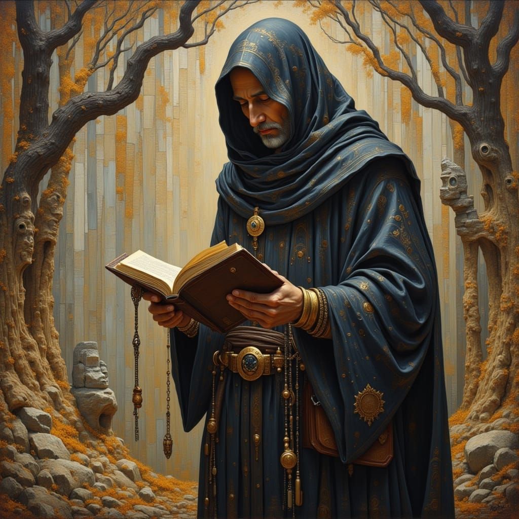 Monk with Chained Book in Shadows