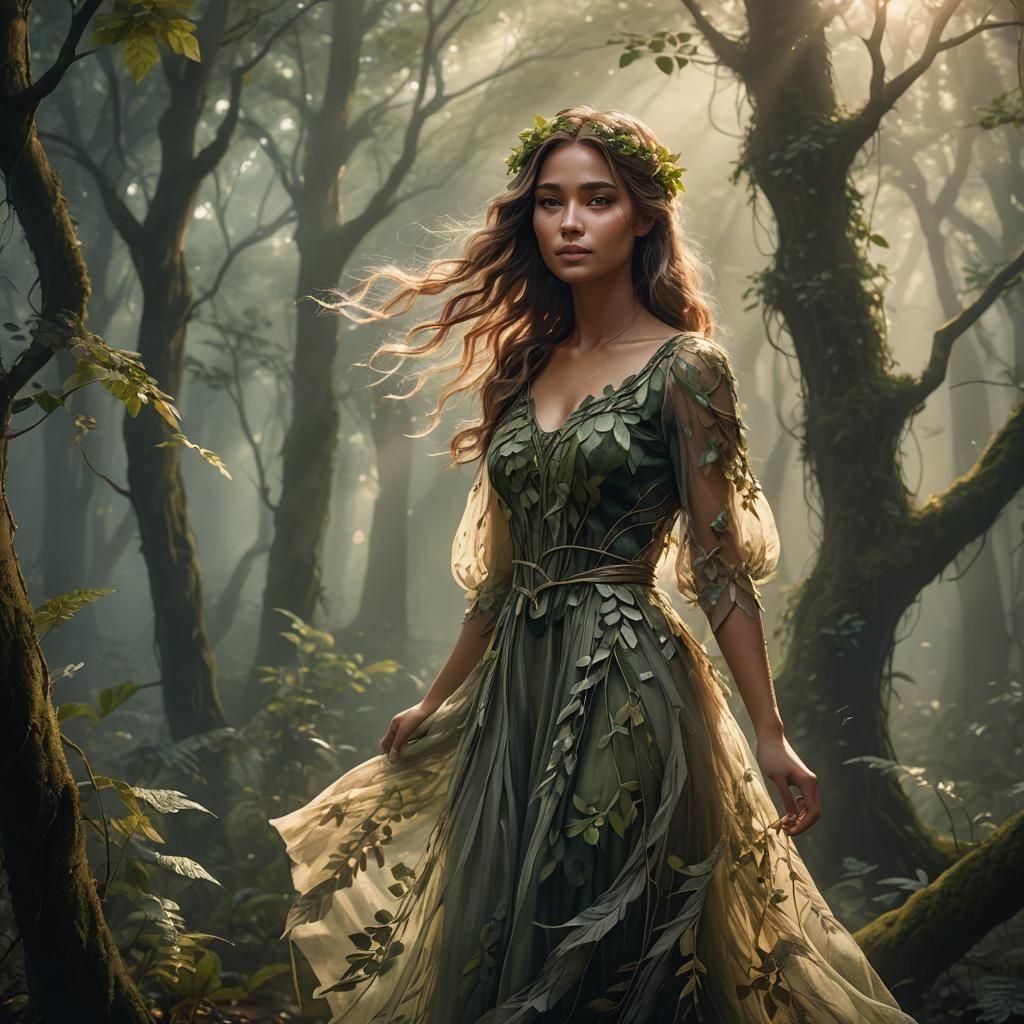 Girl in Leafy Dress in Misty Forest, Art Nouveau