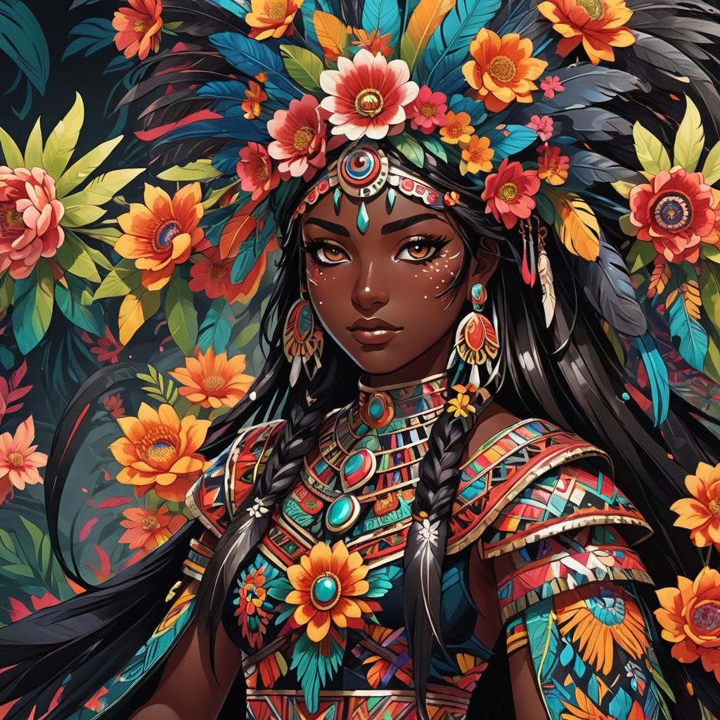 Aztec Girl with Sword in Anime Manga Style