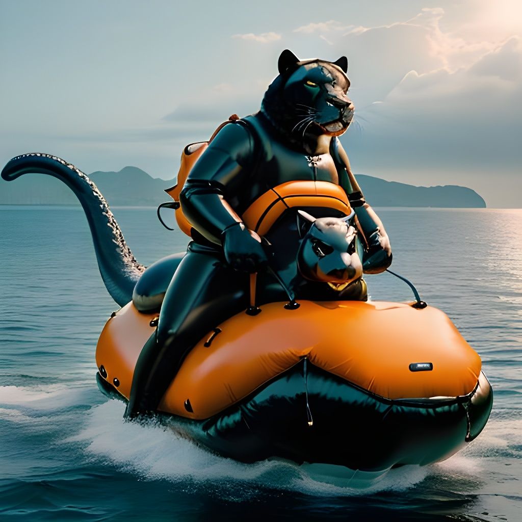 Anthro Panther Rides Dinosaur in Panorama Landscape