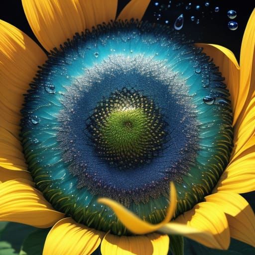 Giant Sunflower Dewdrop Reflects Vibrant Teal Sky
