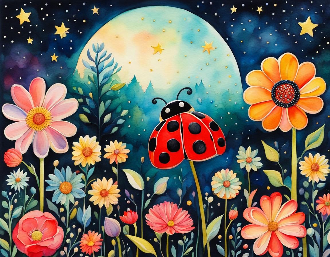 Whimsical Night Garden with Ladybug in Watercolor