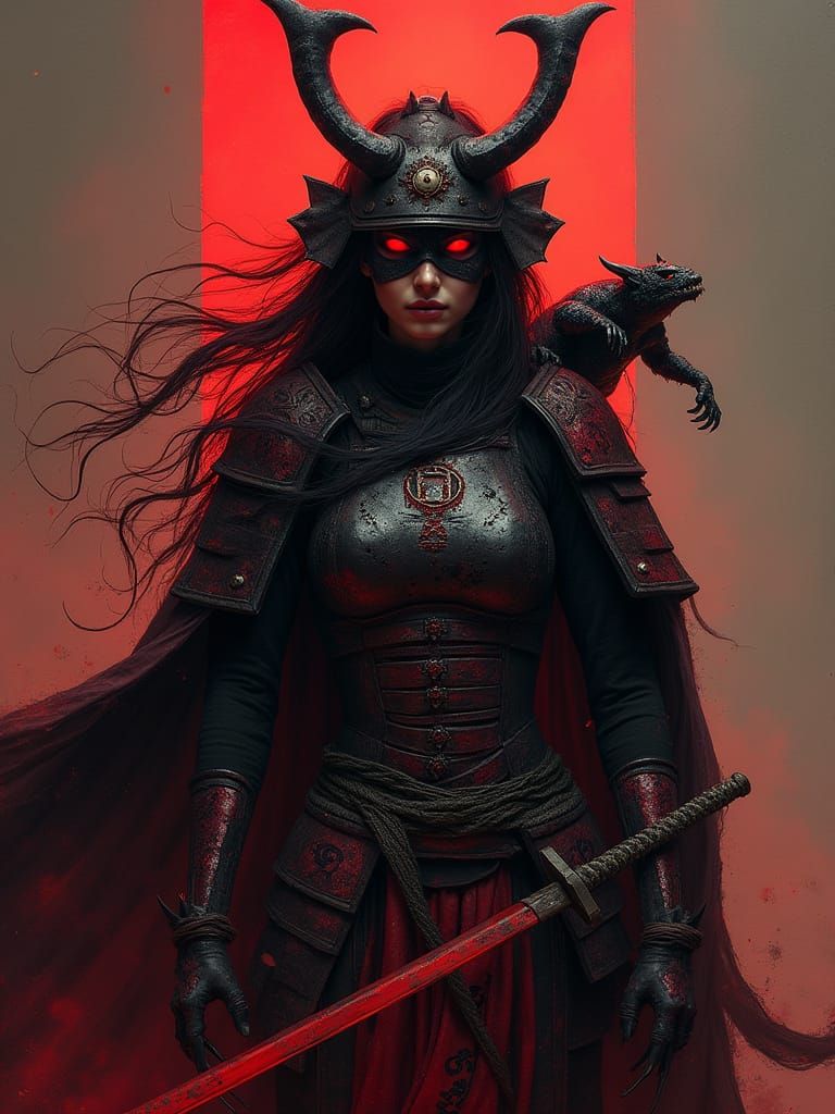 Deadly Demon-Samurai Queen with Glowing Eyes and Twin Obsidi...