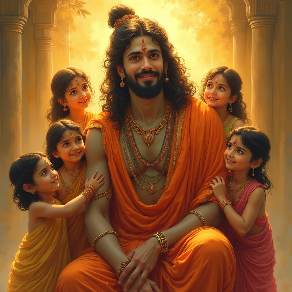 Hindu Deity with Children in Traditional Indian Art