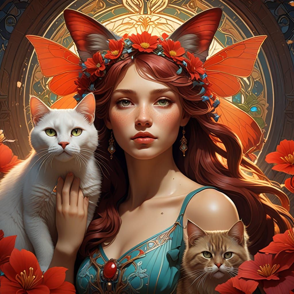 Celestial Cats Amidst Vibrant Mandalas and Flowers