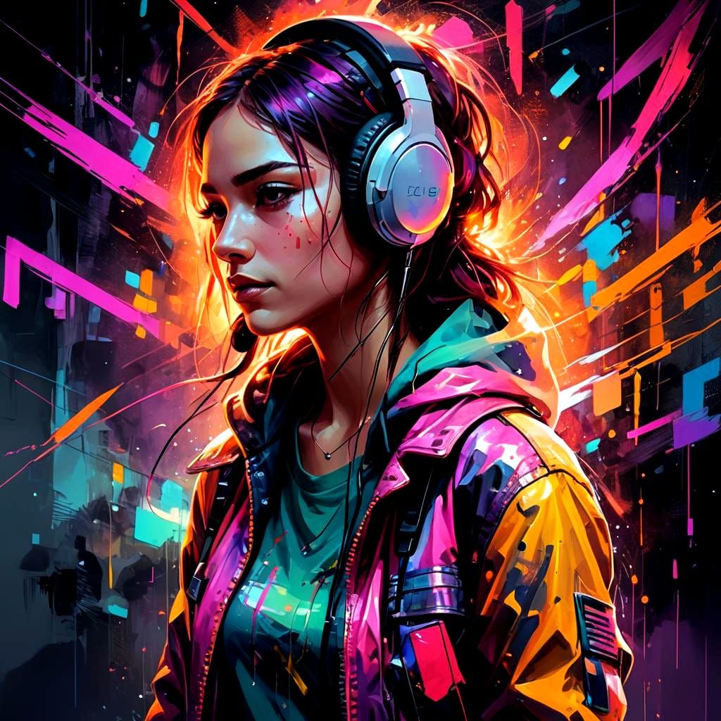 Vibrant Neonpunk Girl with Headphones in Glitch Art