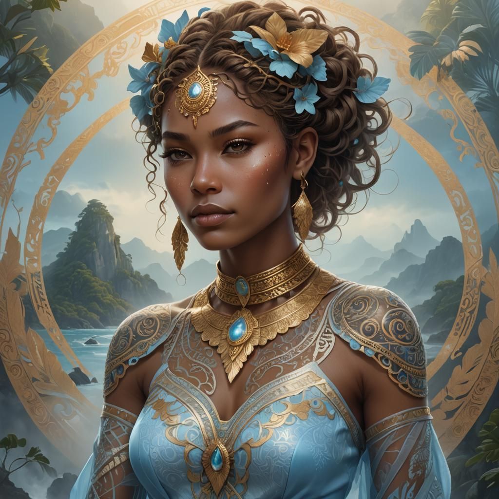 Goddess Portrait on Misty Island as Digital Art