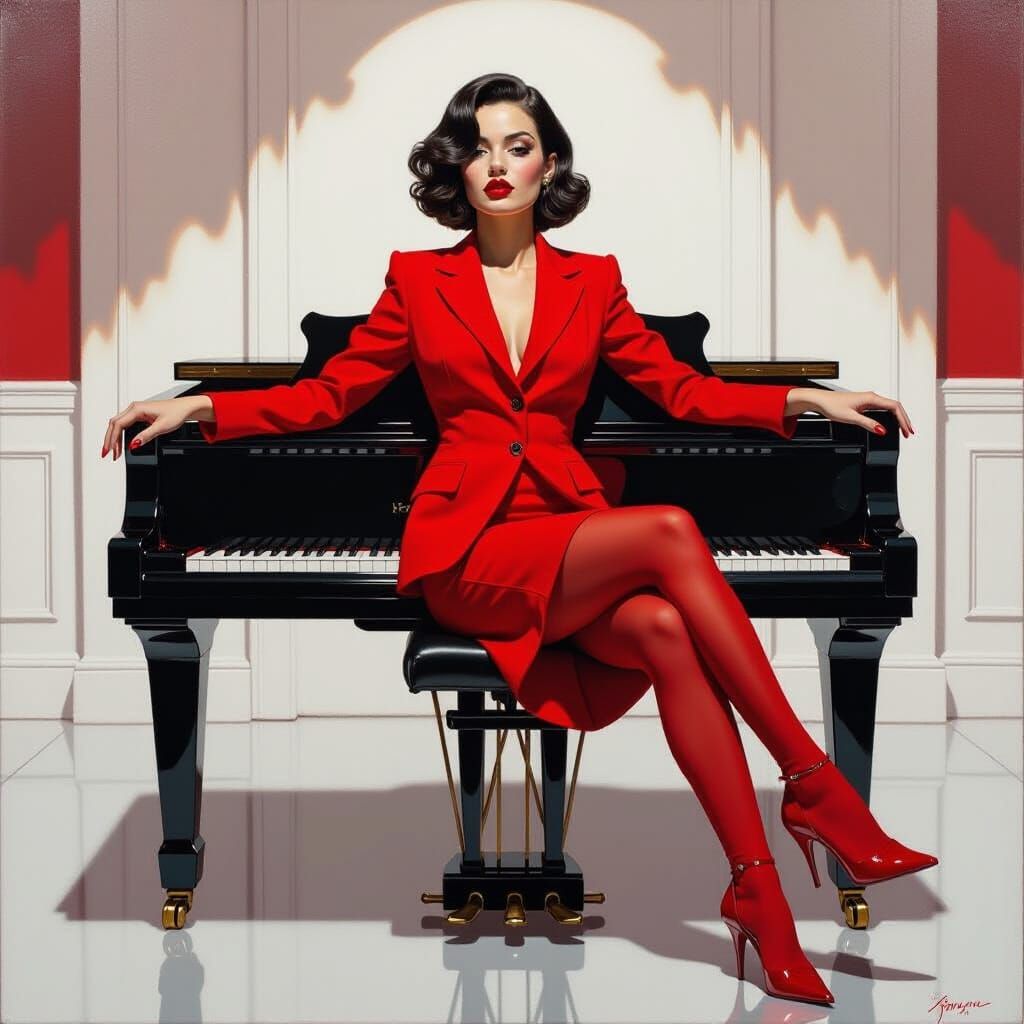 Woman in Red Suit: Oil Painting with Dramatic Lighting