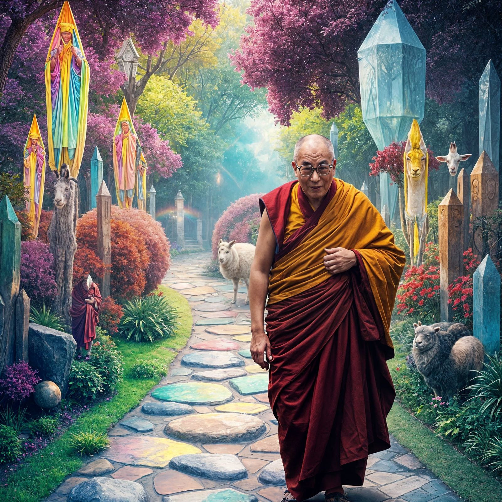 The Dalai Lama and Drama Llama in a Whimsical Rainbow Garden