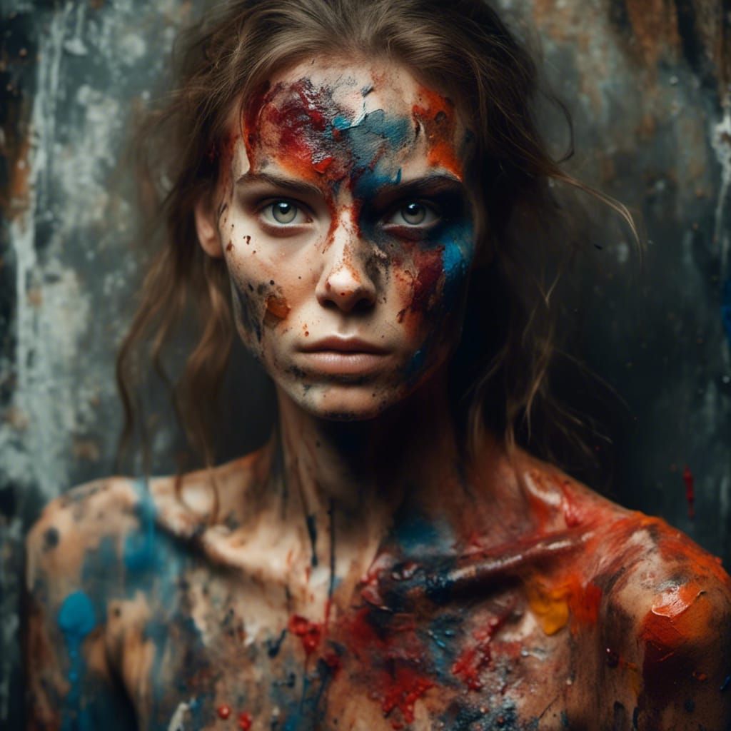 Girl Painting Her Body with Vivid Colors