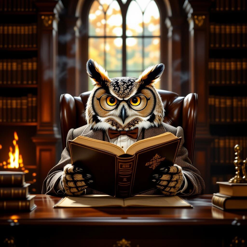 An Owl Gentleman Reads in a Grand Library