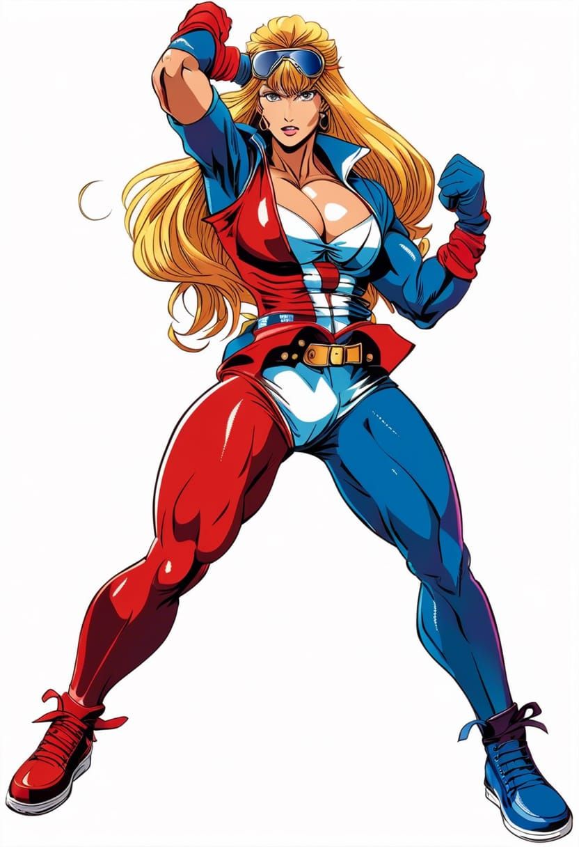 80s Anime Female Bodybuilder in Blue Corset