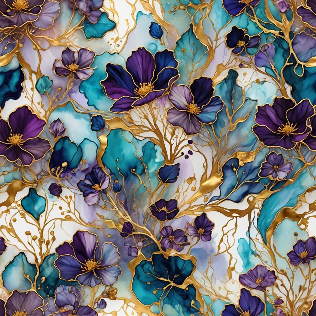 Alcohol Ink Flowers with Gold Outlines Abstract Art