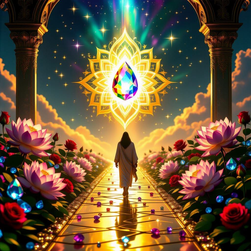 Golden Path Through Cosmic River with Lotos Flowers and Gems...