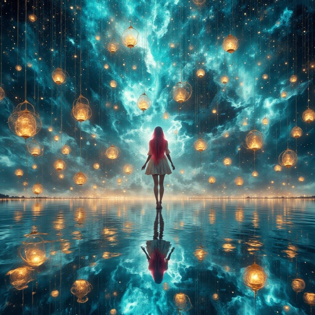 Dreamscape: Woman on Mirrored Sea with Koi