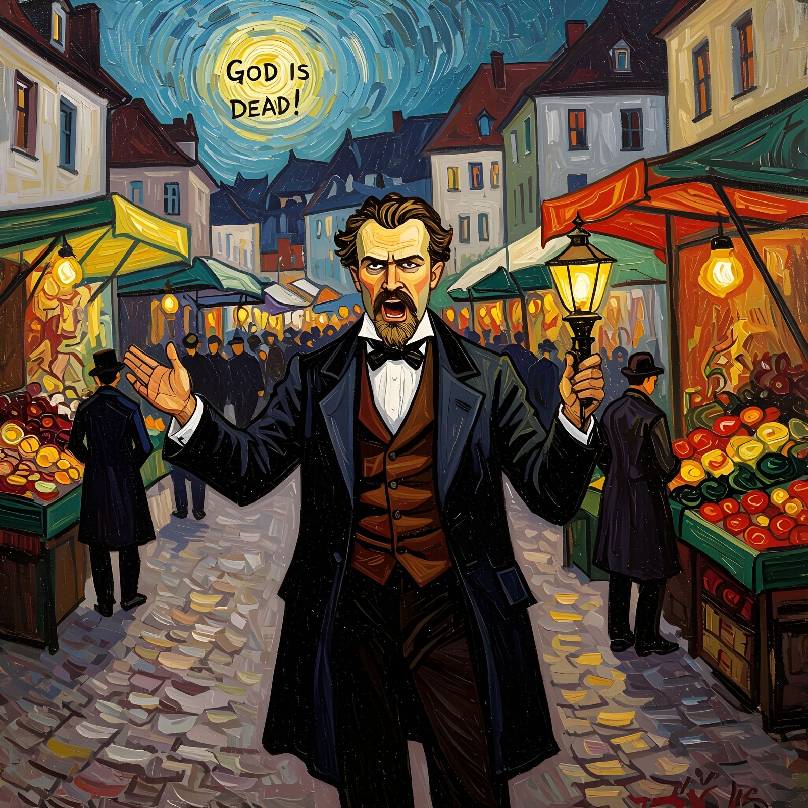 Nietzsche Shouts in Market, Expressive Oil Painting