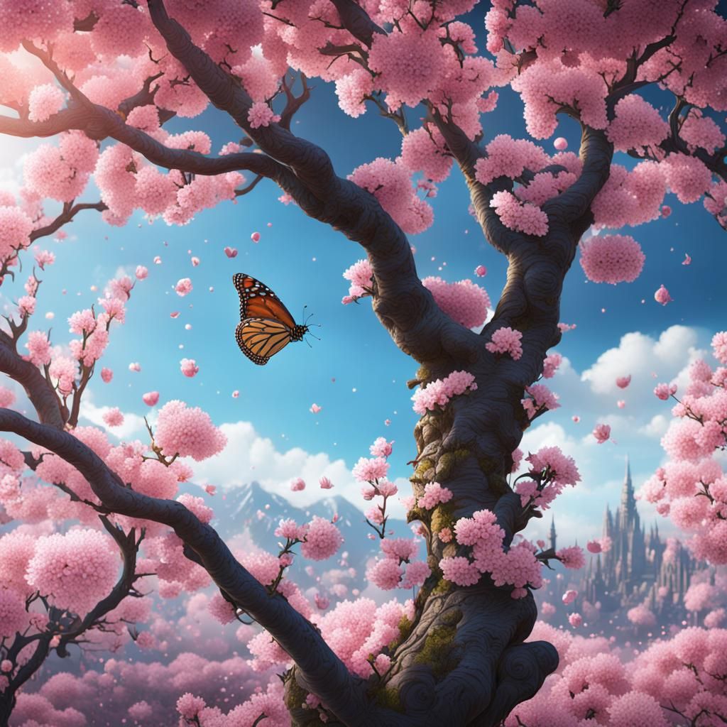 Monarch Butterfly on Cherry Blossom Tree in Detailed Paintin...