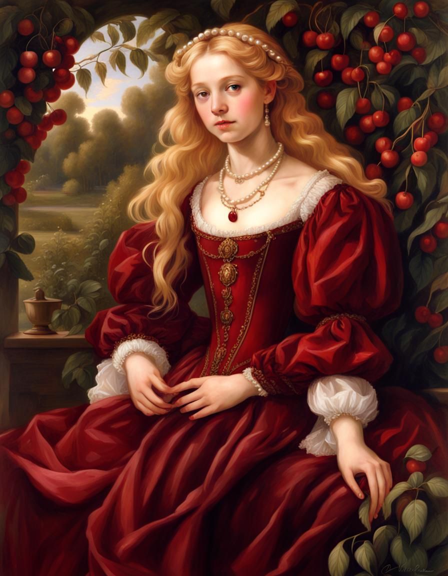 Renaissance Girl in Red Gown in Cherry Garden