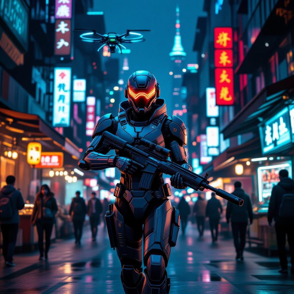 Cyberpunk Warrior in Armored Suit at Night