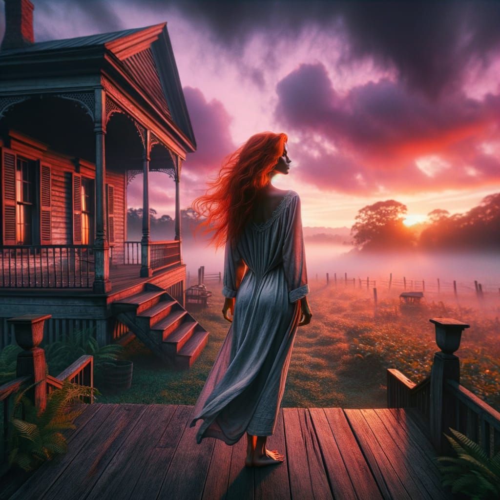 Plantation Estate at Dawn, Fiery Hair Woman in Faded Nightgo...