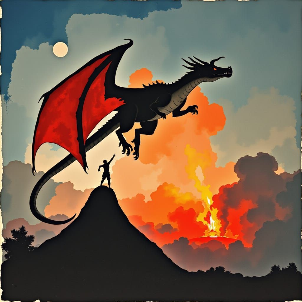 Dragon Flight Over Fiery Volcano