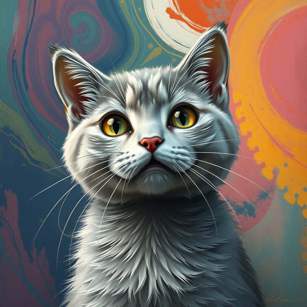 Whimsical Grey Cat with Abstract Background