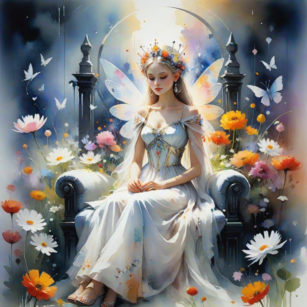Fairy Queen on Floral Throne in Watercolor Style