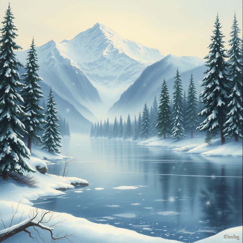 Elegant Winter Wonderland with Majestic Snow-Capped Mountain...
