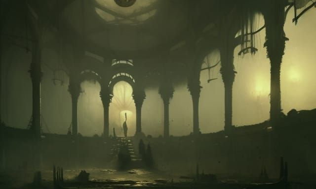 Chrome Steampunk Samurai in Run-Down Control Center