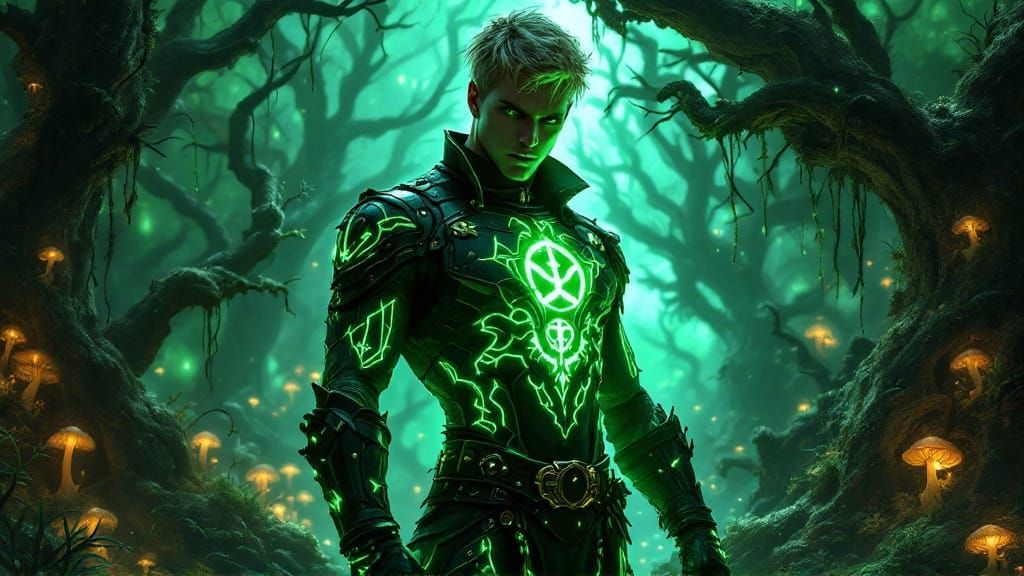 Mystical Goth Ranger in Neon Green Armor, Amidst Twisted Tre...