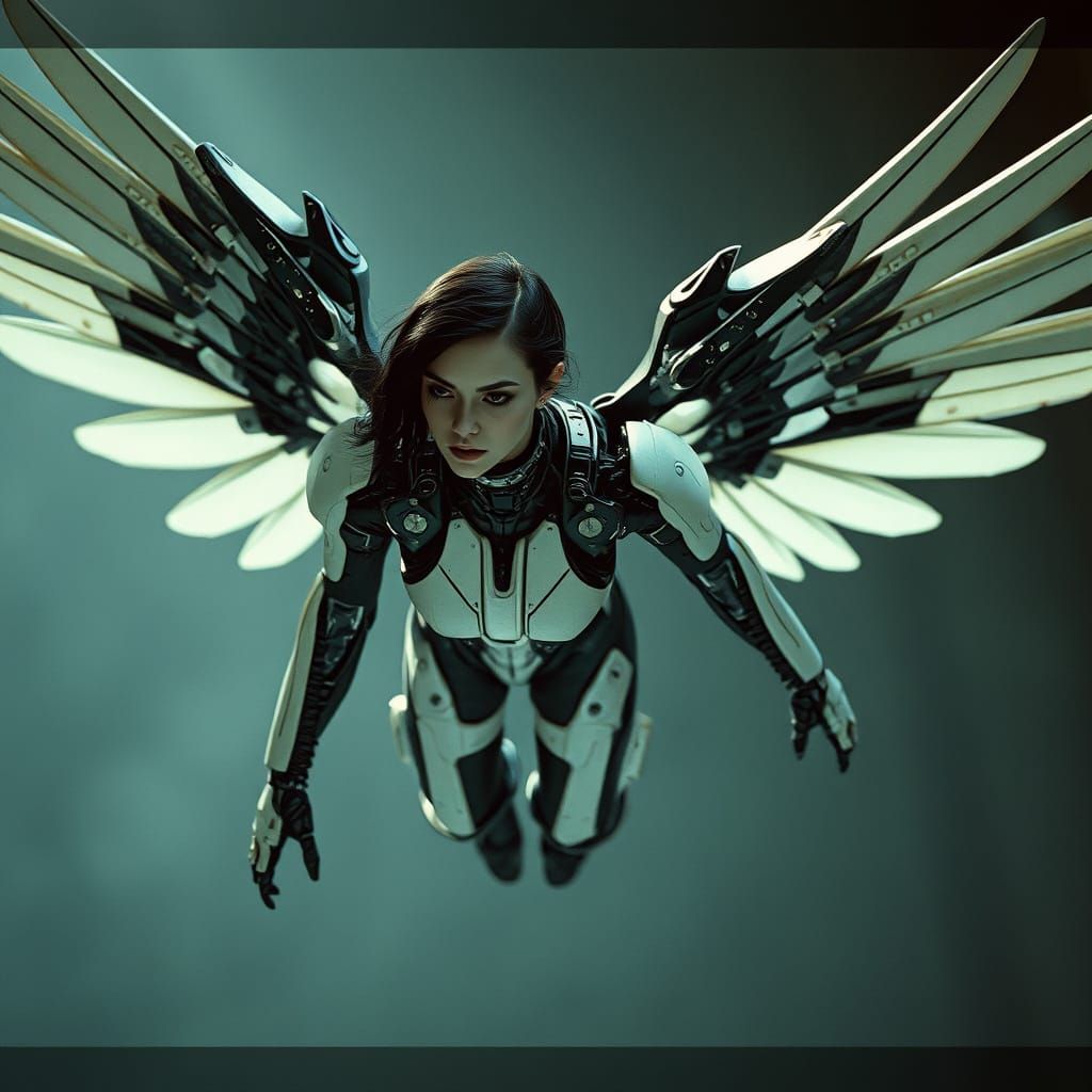 Mechanical Angel with Robotic Wings in a Dark Aesthetic