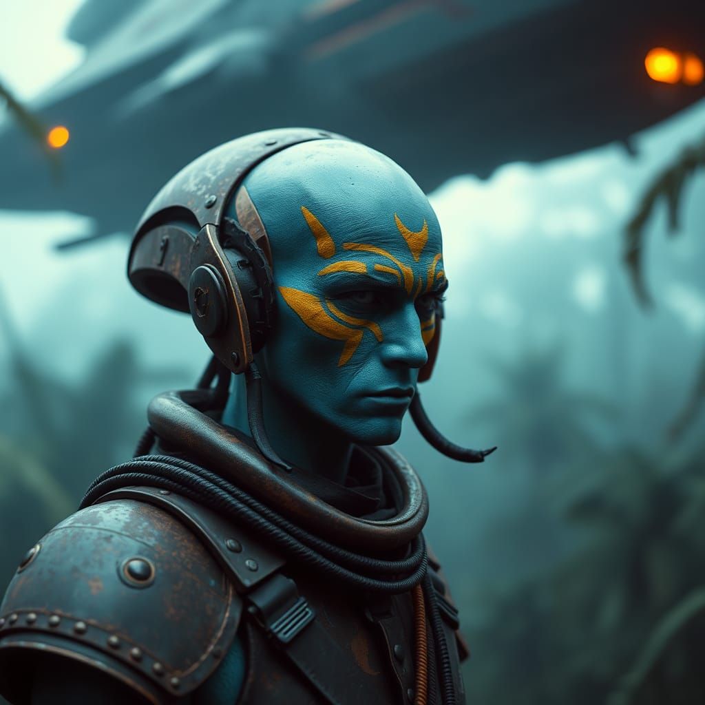 Aztec Man in Cyberpunk Armor Under Spaceship