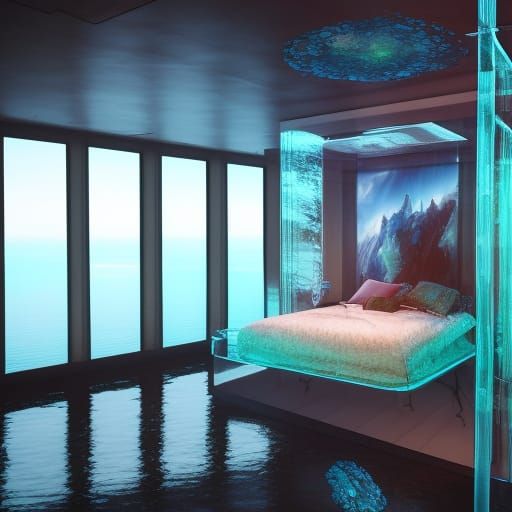 Glass Cube Bedroom Floating on Ocean: Digital Art