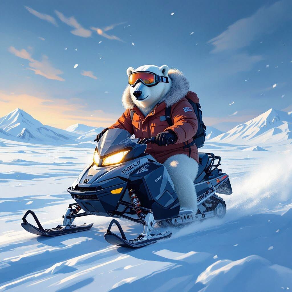 Polar Bear Riding Snowmobile in Vast Snowy Landscape