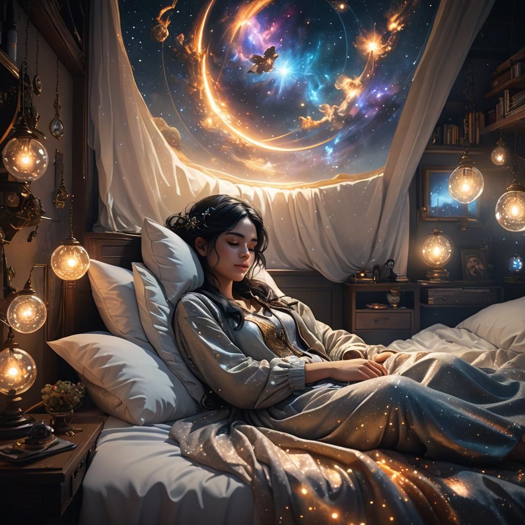 Nebula Dream: Girl Sleeping Under Starry Night